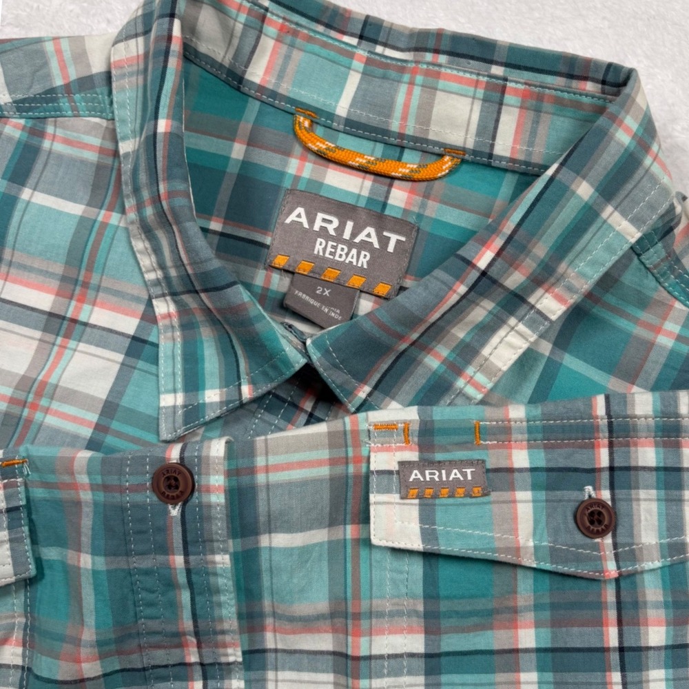 Ariat Rebar Button Shirt Men 2X Blue Coral Plaid Long Slv Work Stretch Western